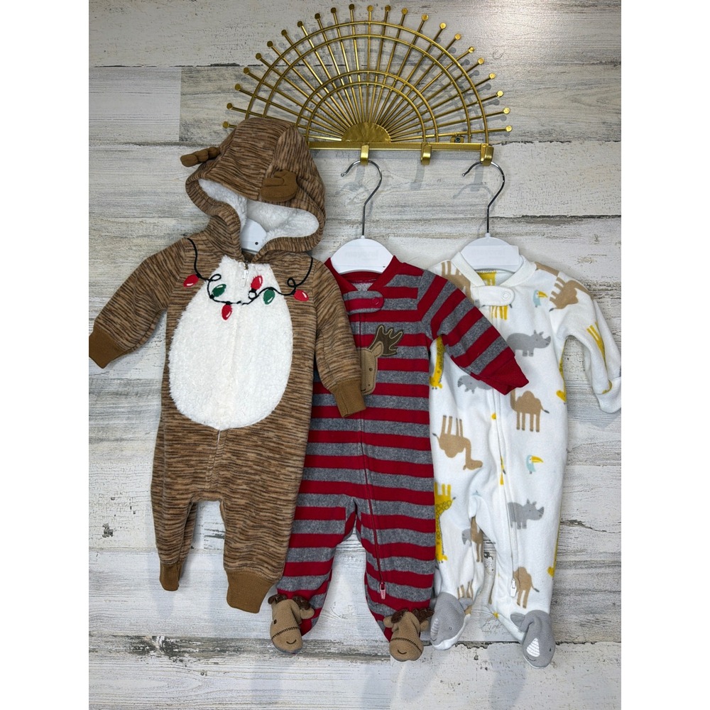 Carter's Fleece‎ Sleepers Bundle Boys Newborn Multi Reindeer Safari Cozy